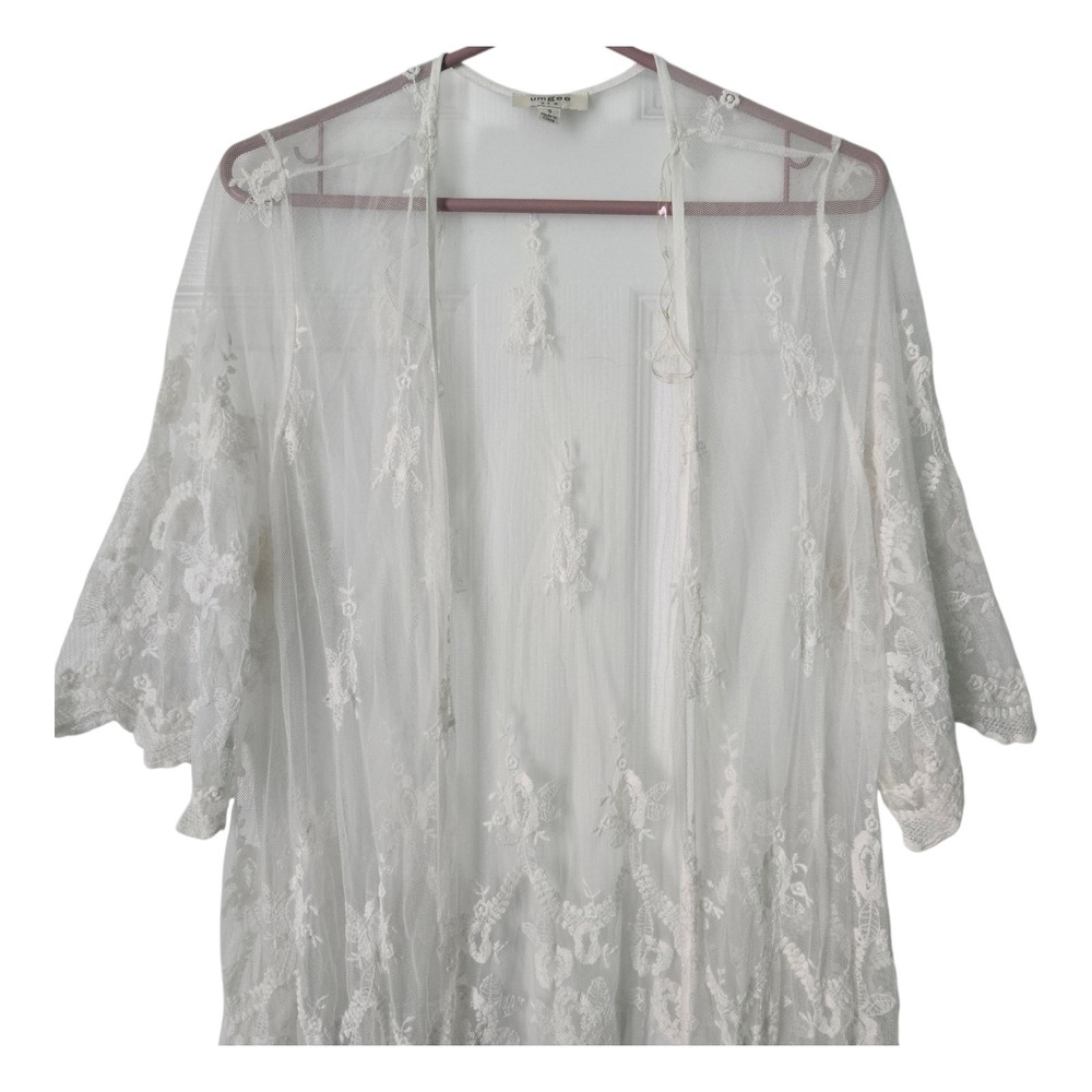 Umgee White Floral Embroidered Mesh Lace Duster Cardigan Small‎ Boho